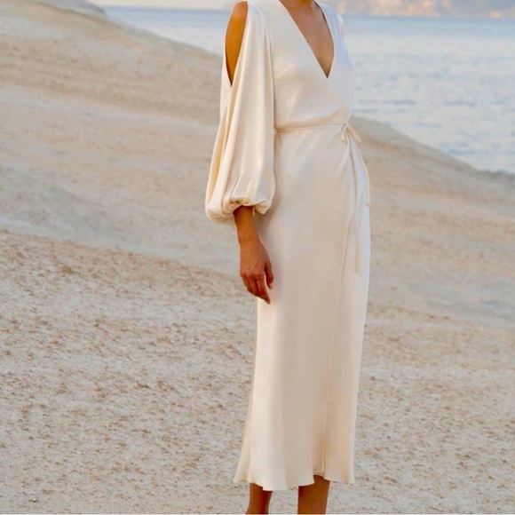 SHONA JOY LA LUNE FULL SLEEVE WRAP MIDI DRESS in CREAM - Picture 1 of 16
